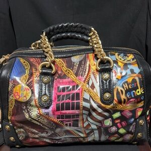 Henri Bendel Colorful Graphic Satchel Bag with Gold Chain Handles and mirror!❤️